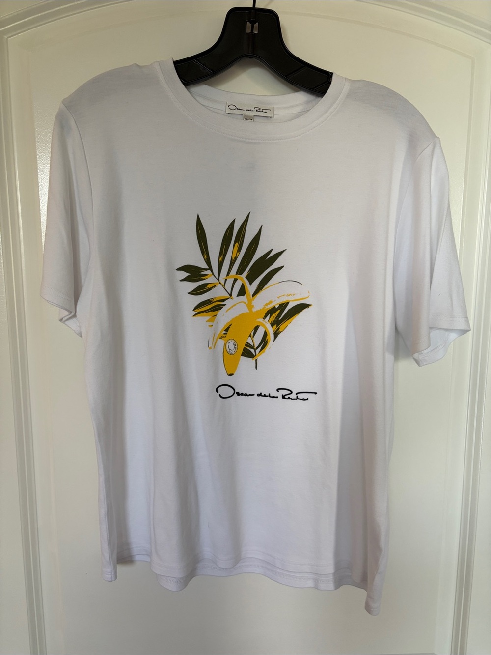 Oscar de la Renta White Cotton T-Shirt with Yellow Banana & Green Palm Graphic